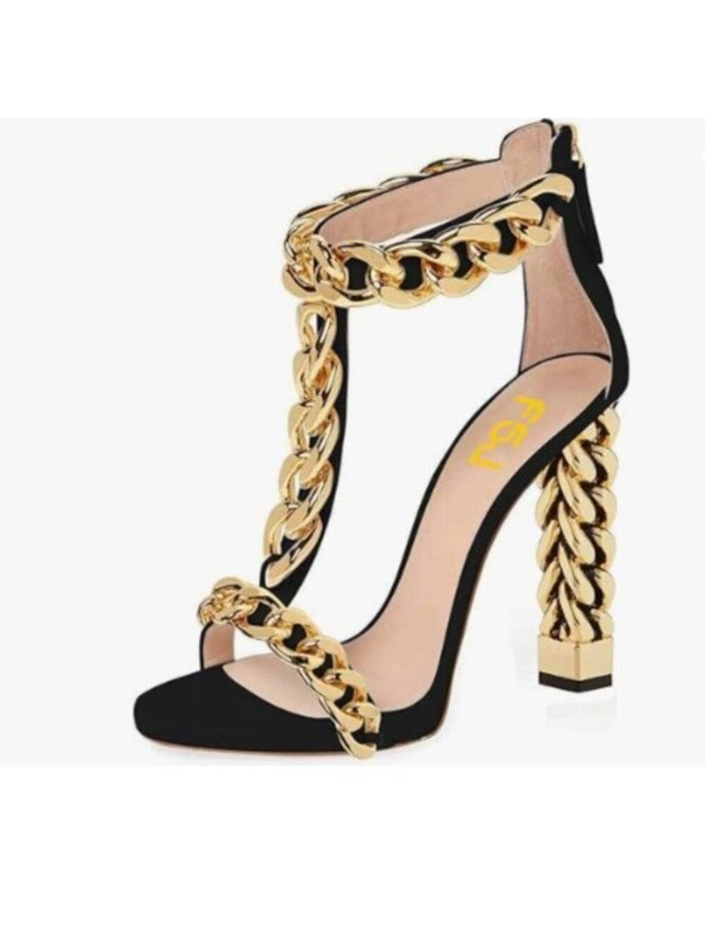 FSJ Women Sexy T-Strap Gold Metal Chain Chunky High Heel Sandal Open Toe Black